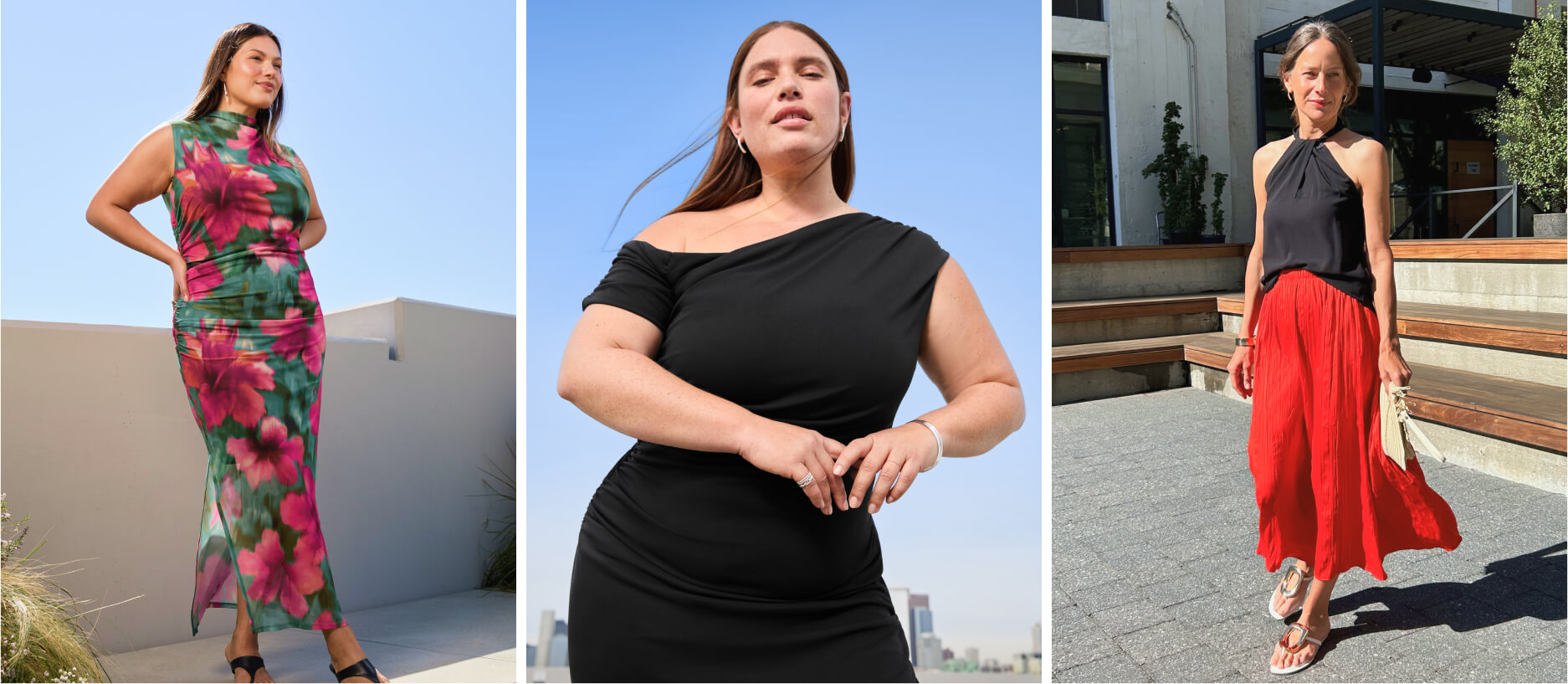 going-out outfits for the summer including a floral dress, black dress, and red skirt with black blouse