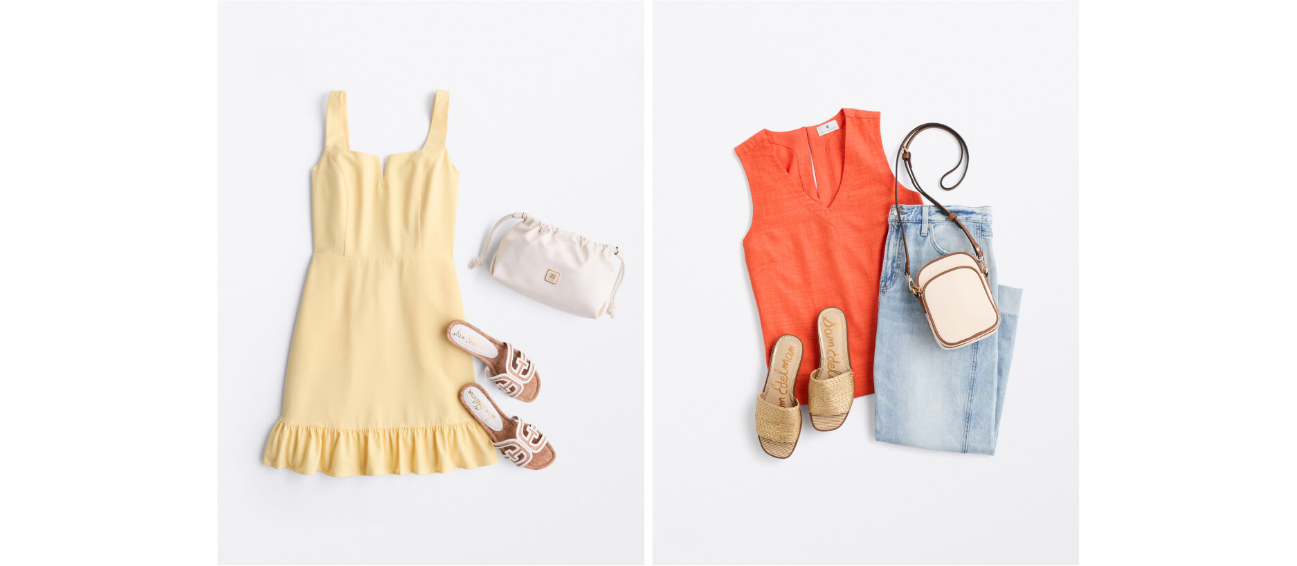 outfits that fit triangle shape body types including denim pants, orange blouse, and yellow dress