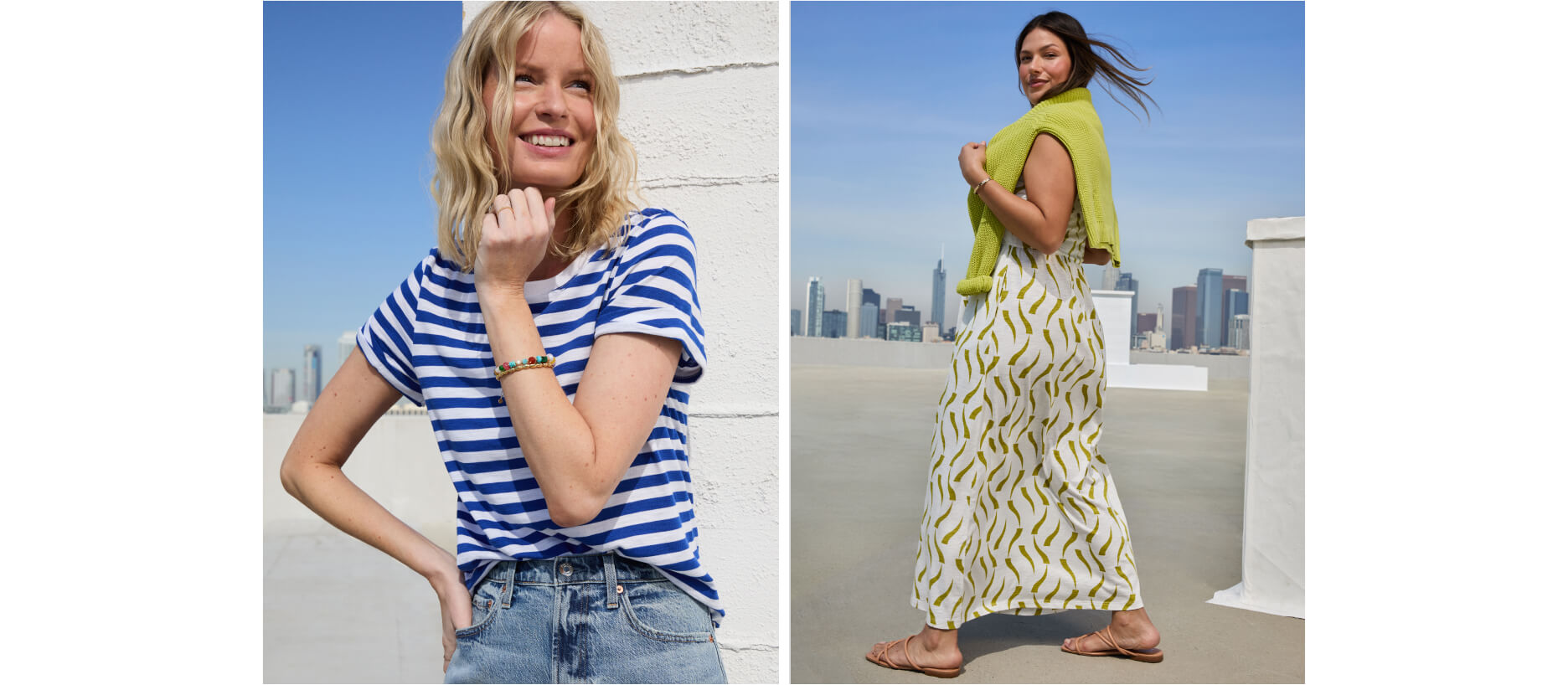 women in cotton summer clothes including striped top and patterned dress