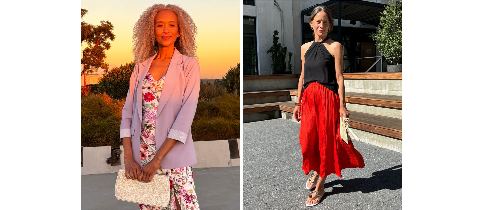 silk and sating outfits for summer including patterned dress with blazer and satin top with skirt