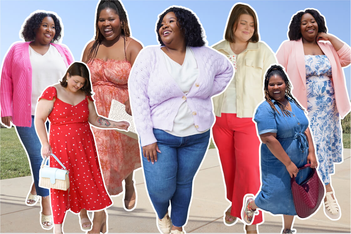 Plus size women in different outfits that are fashionable for 2025