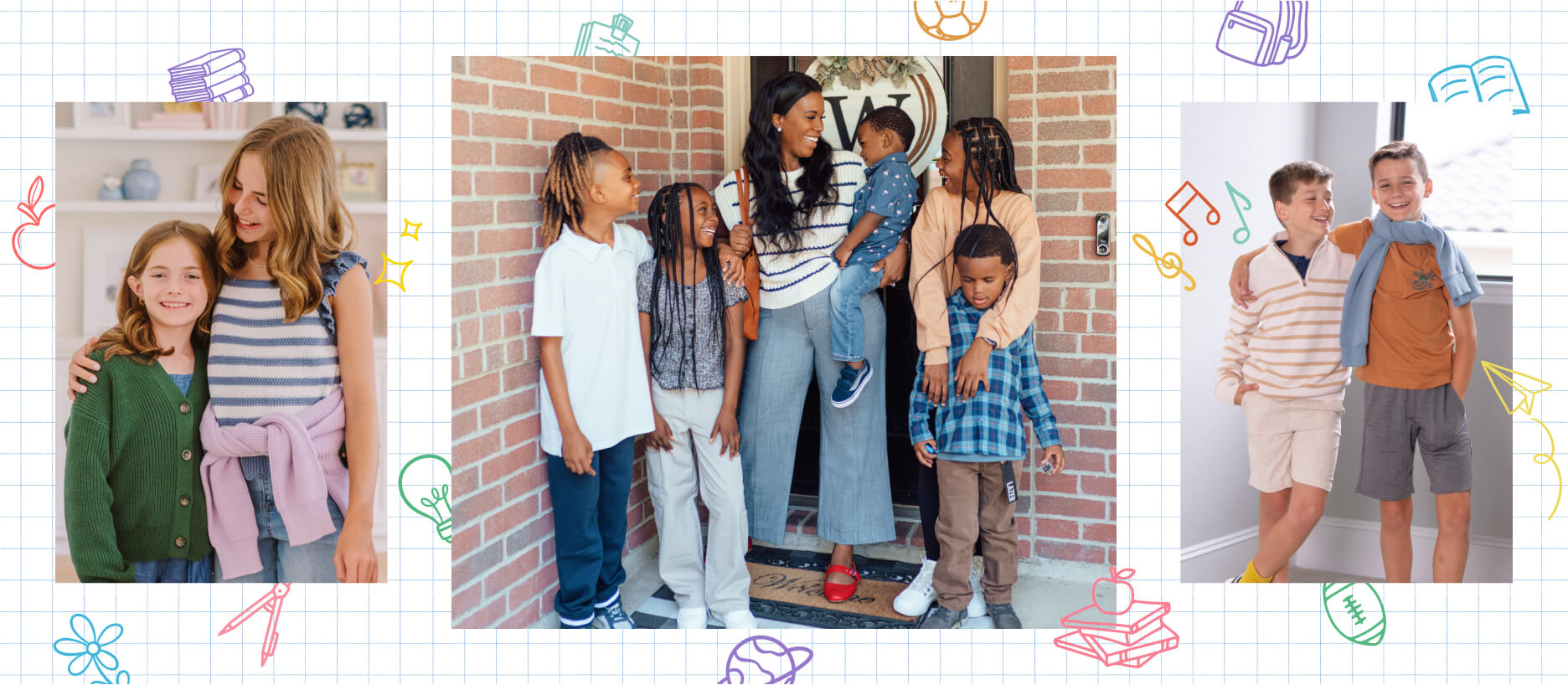 two kids, a family with a mom, two boys all in back to school outfits