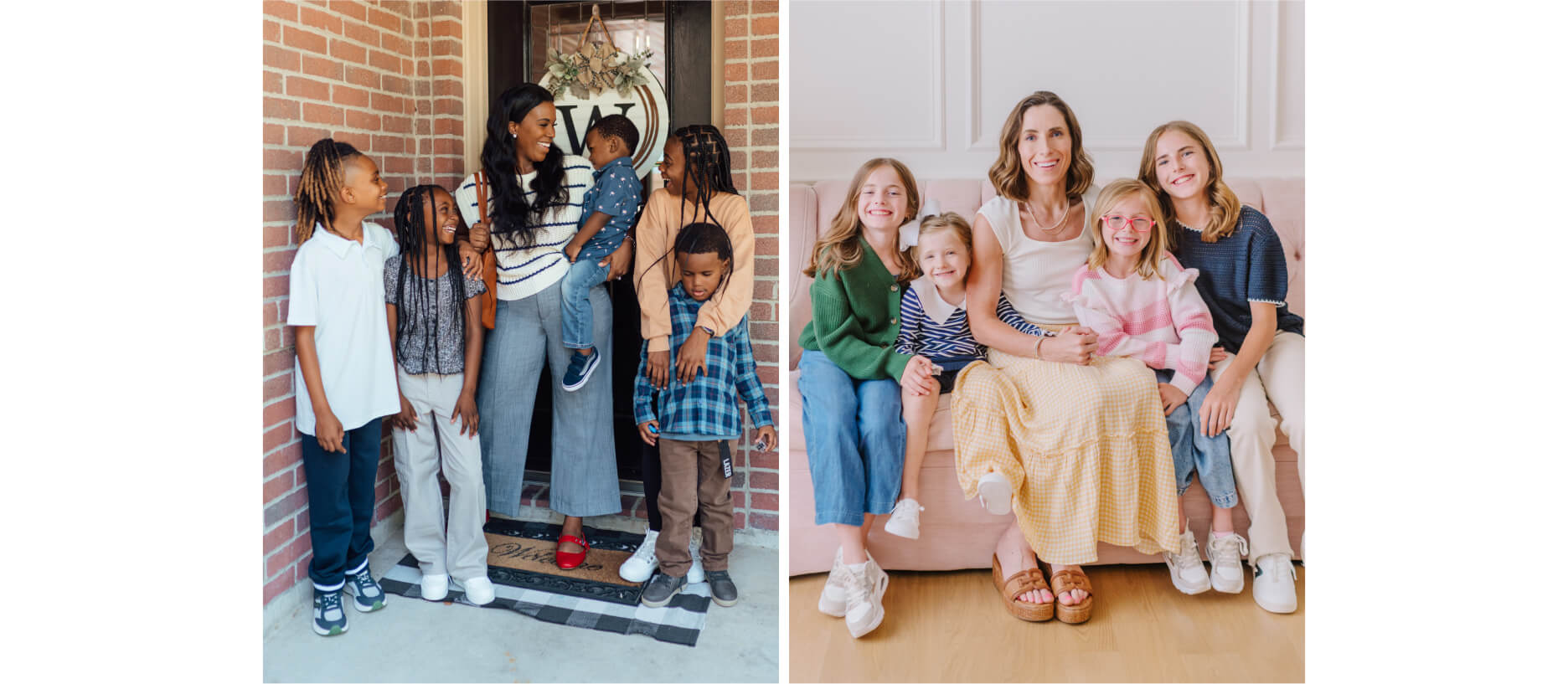 mom's posing with their kids in back to school outfits for 2025
