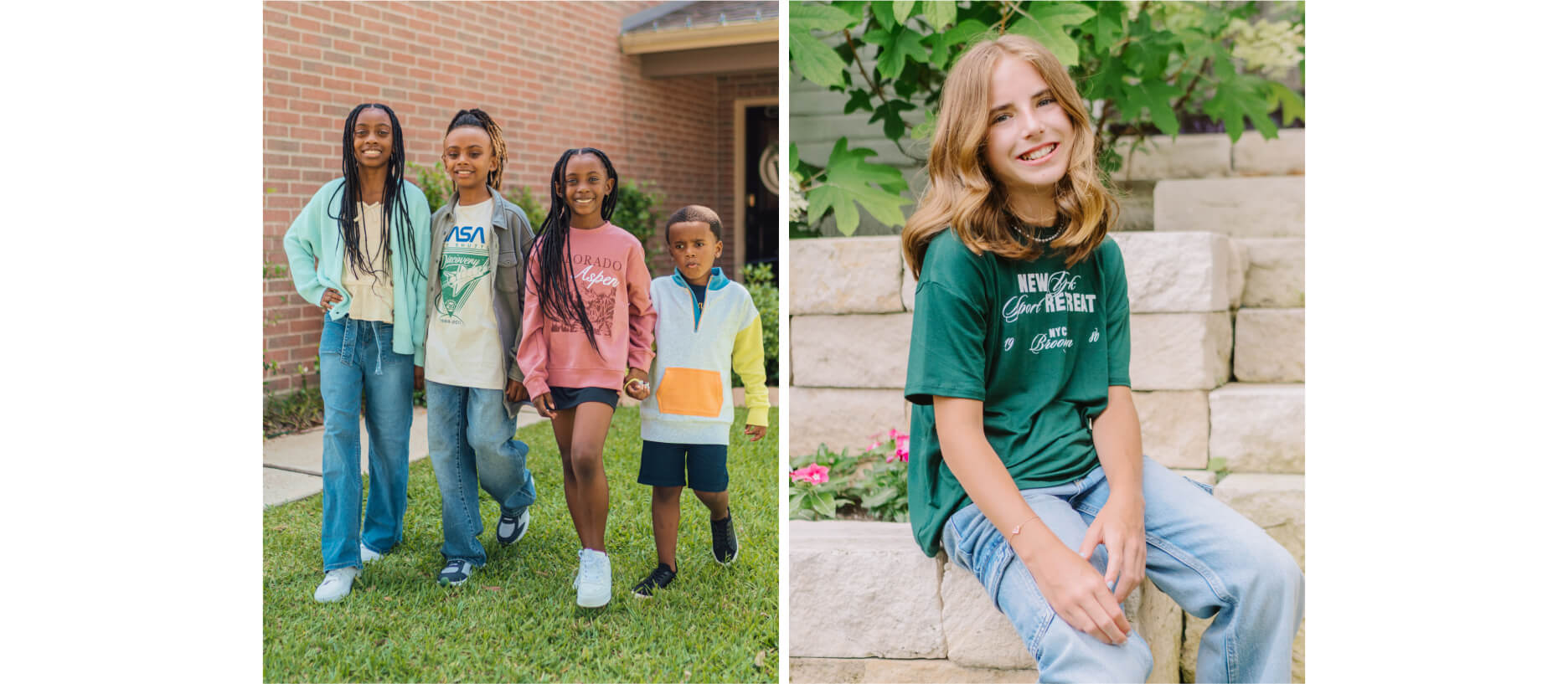 4 children in front of house and one girl posing in photoshoot outfits