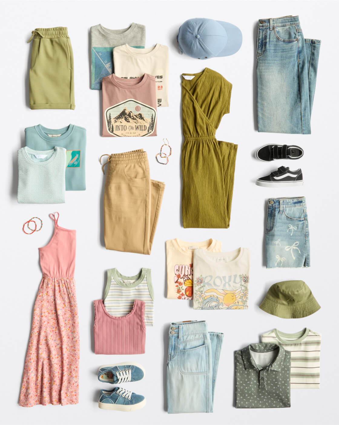 outfits for kids laid out including greens, pinks, and denim that are stylish for 2025