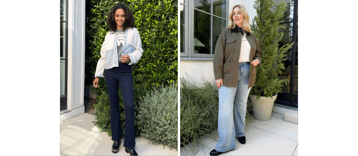 winter denim outfits for women in dark and light wash