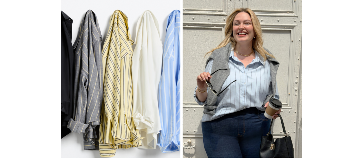 woman modeling oxford shirt and oxford shirts hanging
